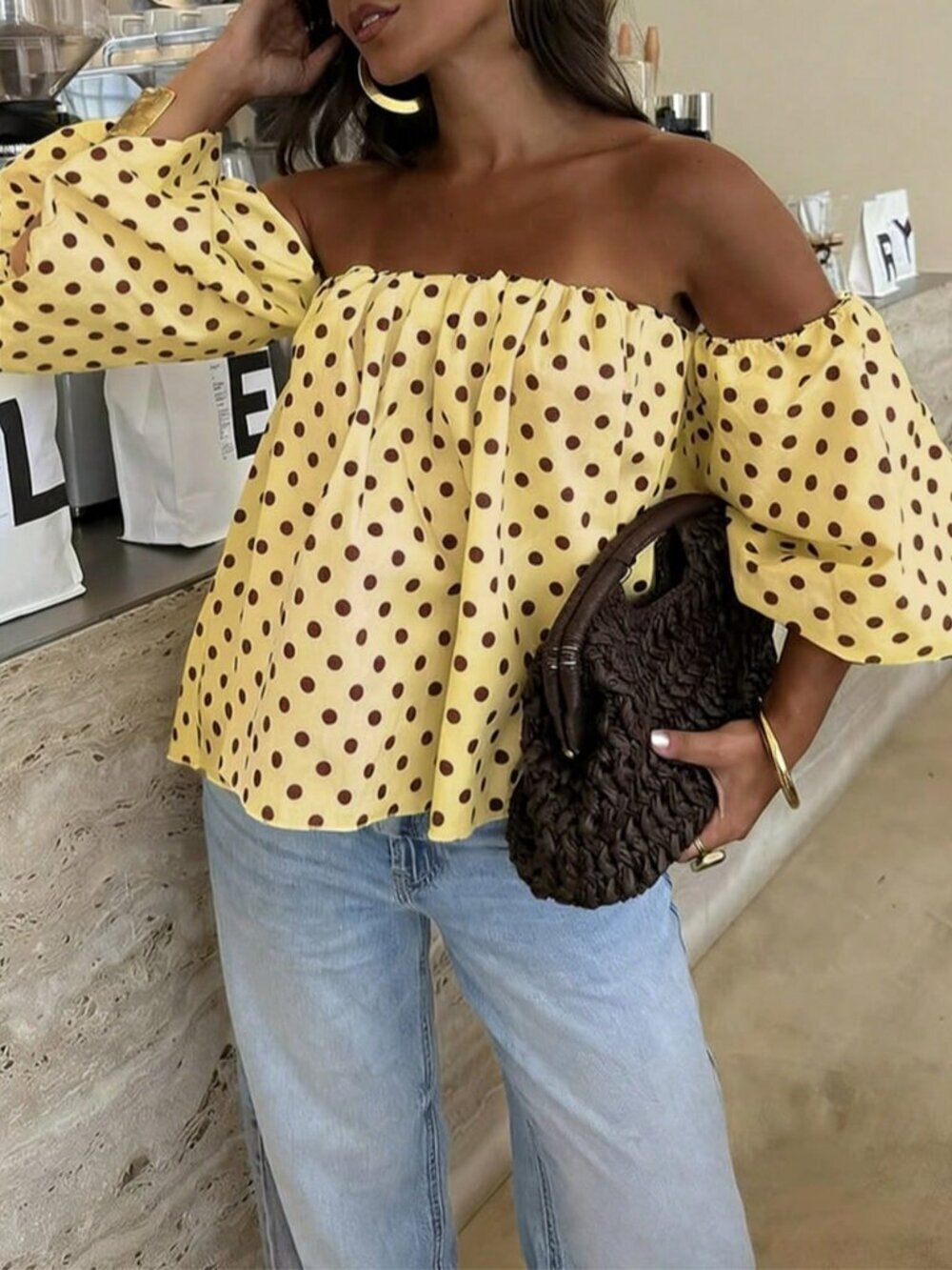 Yellow Casual Women's Polka Dot Contrast Off-Shoulder Top